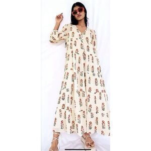 Zara Oyster White Pink Block Print Floral Tiered Maxi Lined Dress XS / NWOT